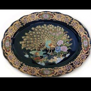 Vintage Japanese Cobalt Blue Peacock Platter 16”×12" Gold Trim MZ